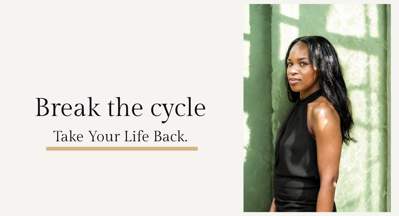 Break the cycle. Take your life back. Onye against a green wall.
