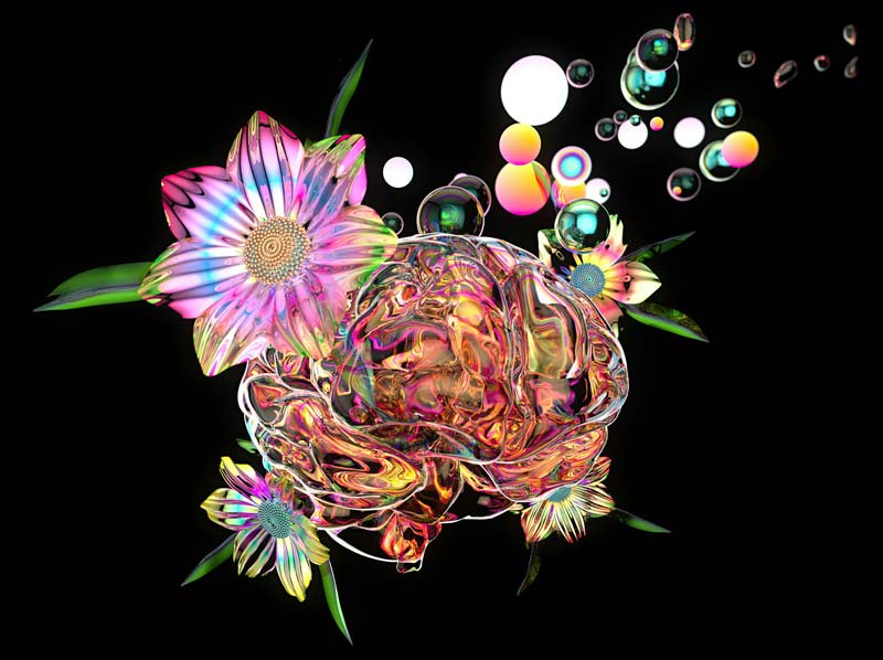 A digital painting featuring a colourful abstract brain surrounded by vibrant flowers and bubbles against a black background.