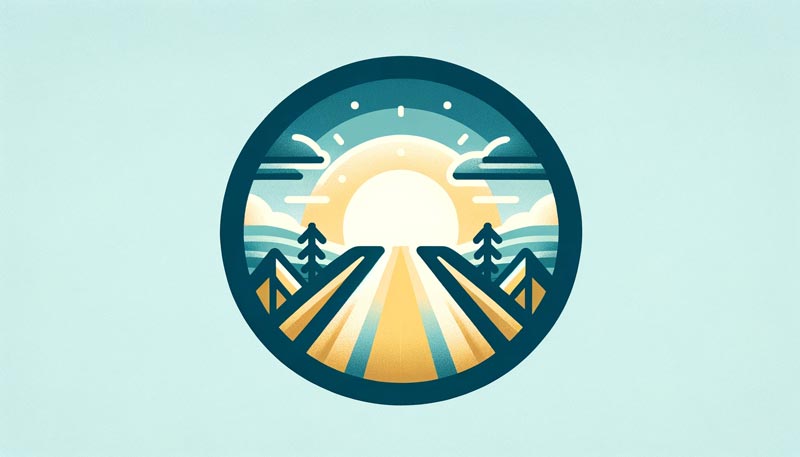 An icon representing 'Future Focused' from 'Your Mind Story', showcasing a path leading towards a sunrise, symbolizing positive anticipation and planning within the colour palette of mid-tone blue, soft nurturing green, and gold.