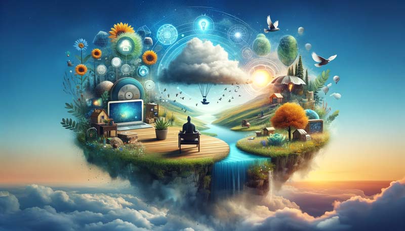 An image showcasing a blend of technology and nature, symbolising the ease of accessing cognitive hypnotherapy online.