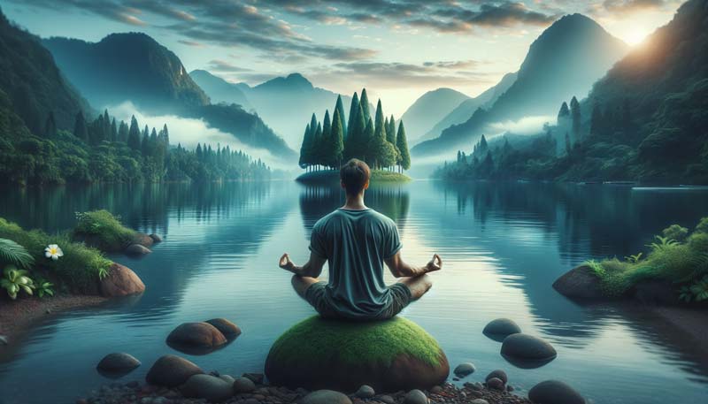 Cognitive hypnotherapy approach: A serene and peaceful setting ideal for mindfulness and meditation, featuring natural elements like water and greenery.