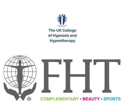 Logos of The UK College of Hypnosis and Hypnotherapy and the FHT with symbols representing global health and wellness.